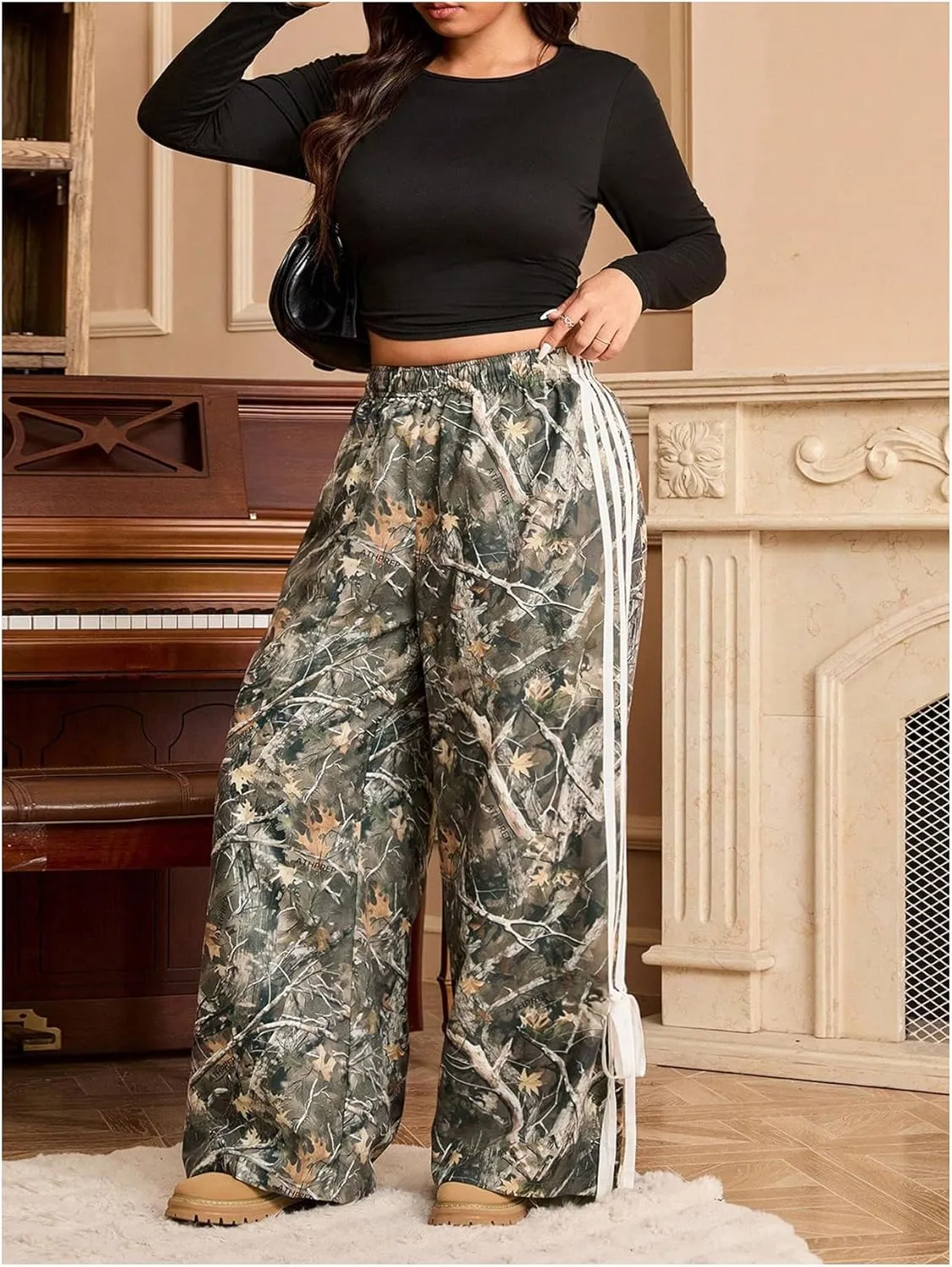 Women's Plus Size Striped Camo Print Pants High Waisted Wide Leg Bowknot Baggy Trousers Streetwear