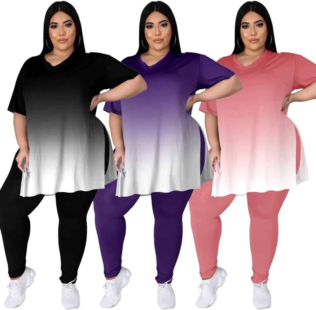 Women's Plus Size Two Piece Outfits Loungewear Sets Summer Oversized Tshirts Long Sweatpants Sweatsuits Sets