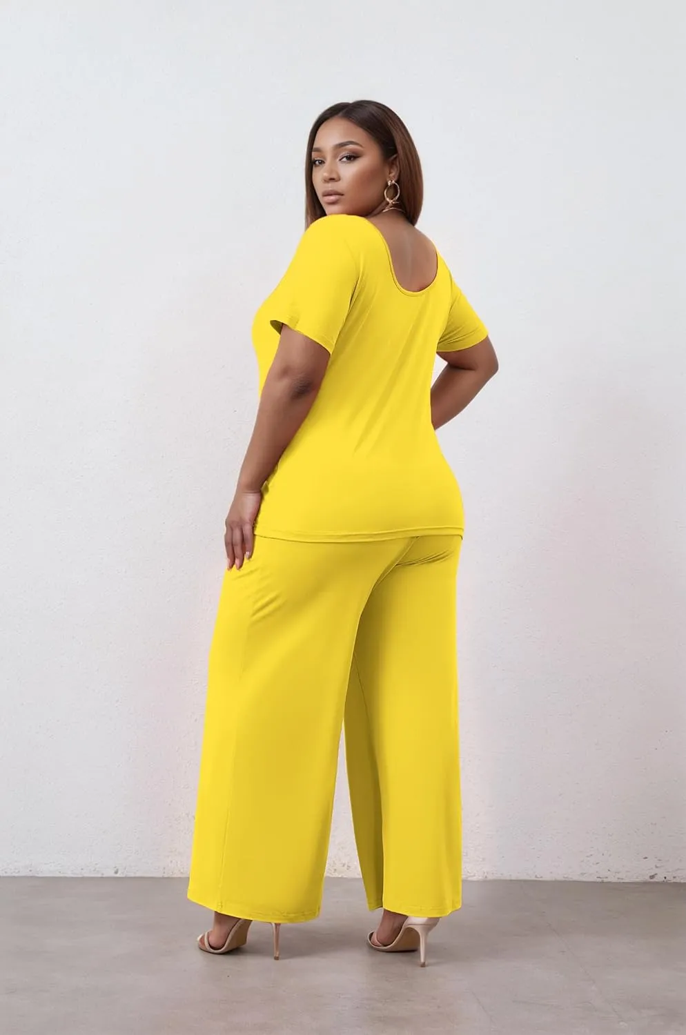Women's Plus Size Two Piece Outfits Sweatsuits Sets Sexy Backless Short Sleeve Tops Wide Leg Pants Tracksuit Sets