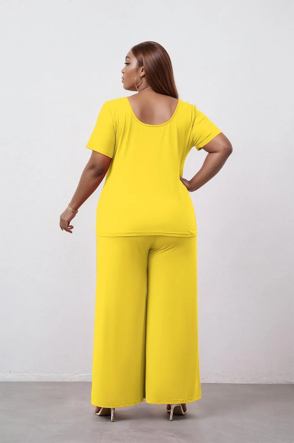 Women's Plus Size Two Piece Outfits Sweatsuits Sets Sexy Backless Short Sleeve Tops Wide Leg Pants Tracksuit Sets
