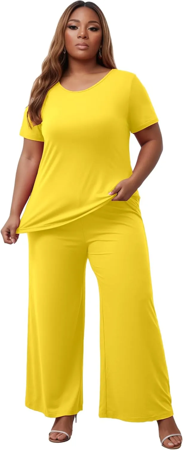 Women's Plus Size Two Piece Outfits Sweatsuits Sets Sexy Backless Short Sleeve Tops Wide Leg Pants Tracksuit Sets