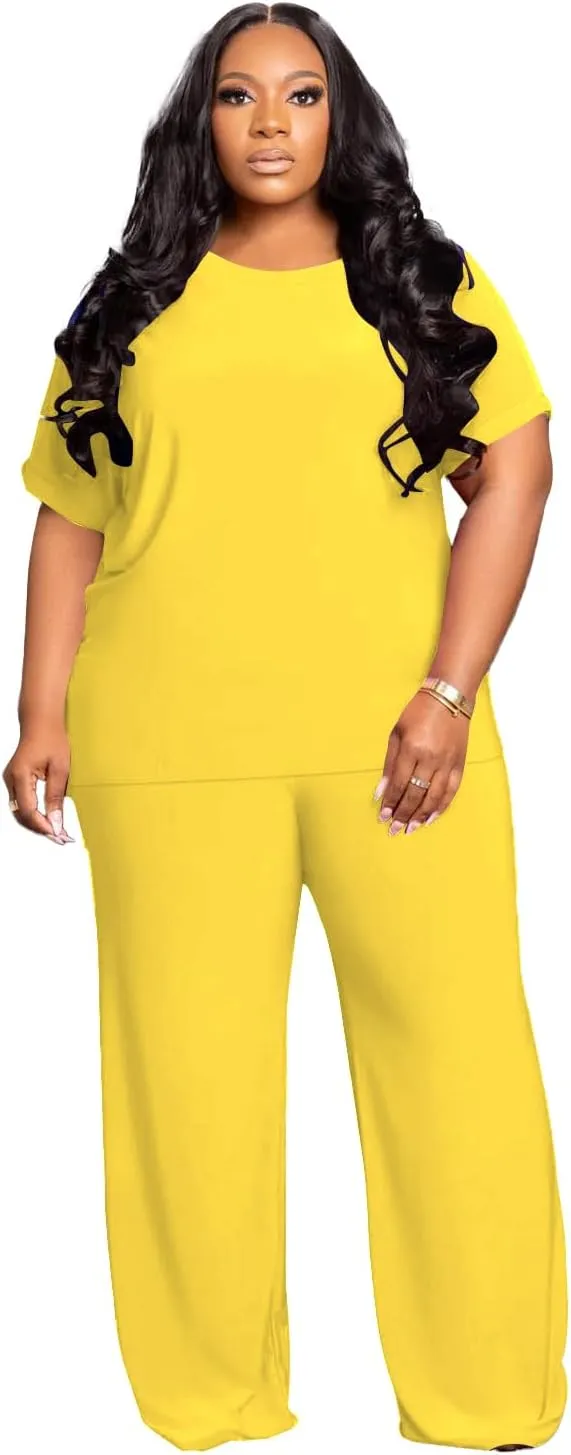 Women's Plus Size Two Piece Outfits Sweatsuits Sets Sexy Backless Short Sleeve Tops Wide Leg Pants Tracksuit Sets