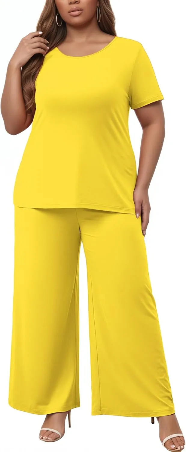Women's Plus Size Two Piece Outfits Sweatsuits Sets Sexy Backless Short Sleeve Tops Wide Leg Pants Tracksuit Sets