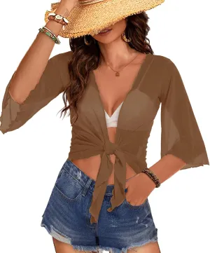 Women's Short Cardigan Bolero Shrug Sheer Tie Front Top 3/4 Sleeve Jacket for Dress
