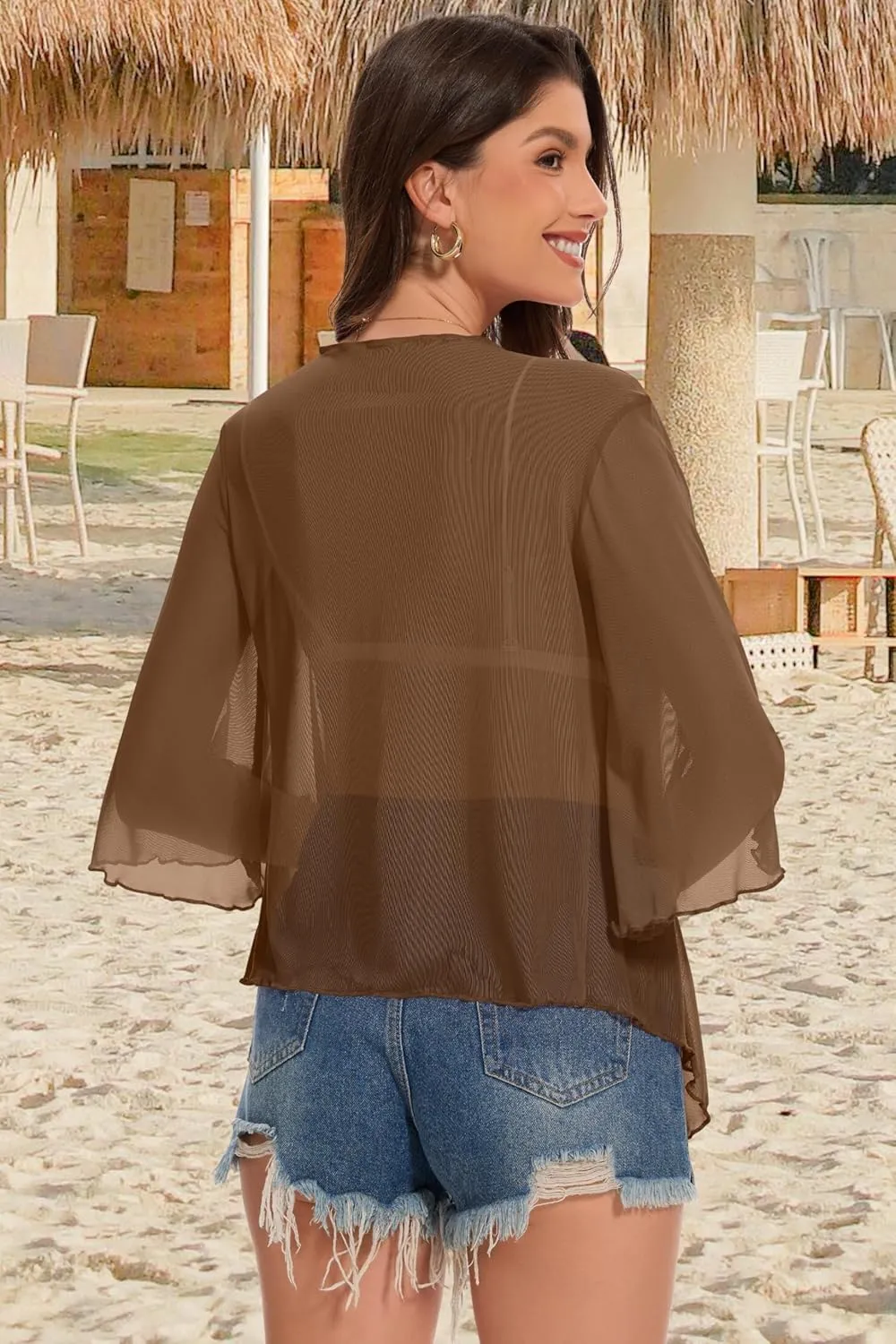 Women's Short Cardigan Bolero Shrug Sheer Tie Front Top 3/4 Sleeve Jacket for Dress