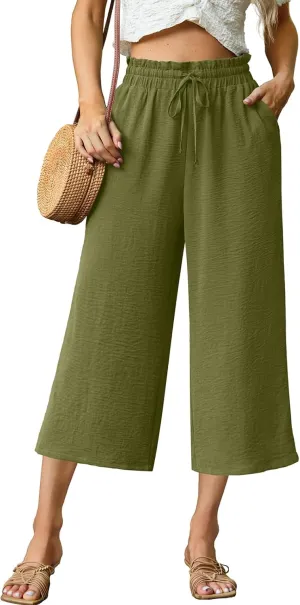 Womens Summer 3/4 Pants Flowy High Waisted Loose Casual Lounge Pant Wide Leg Palazzo Capris Adjustable with Pockets