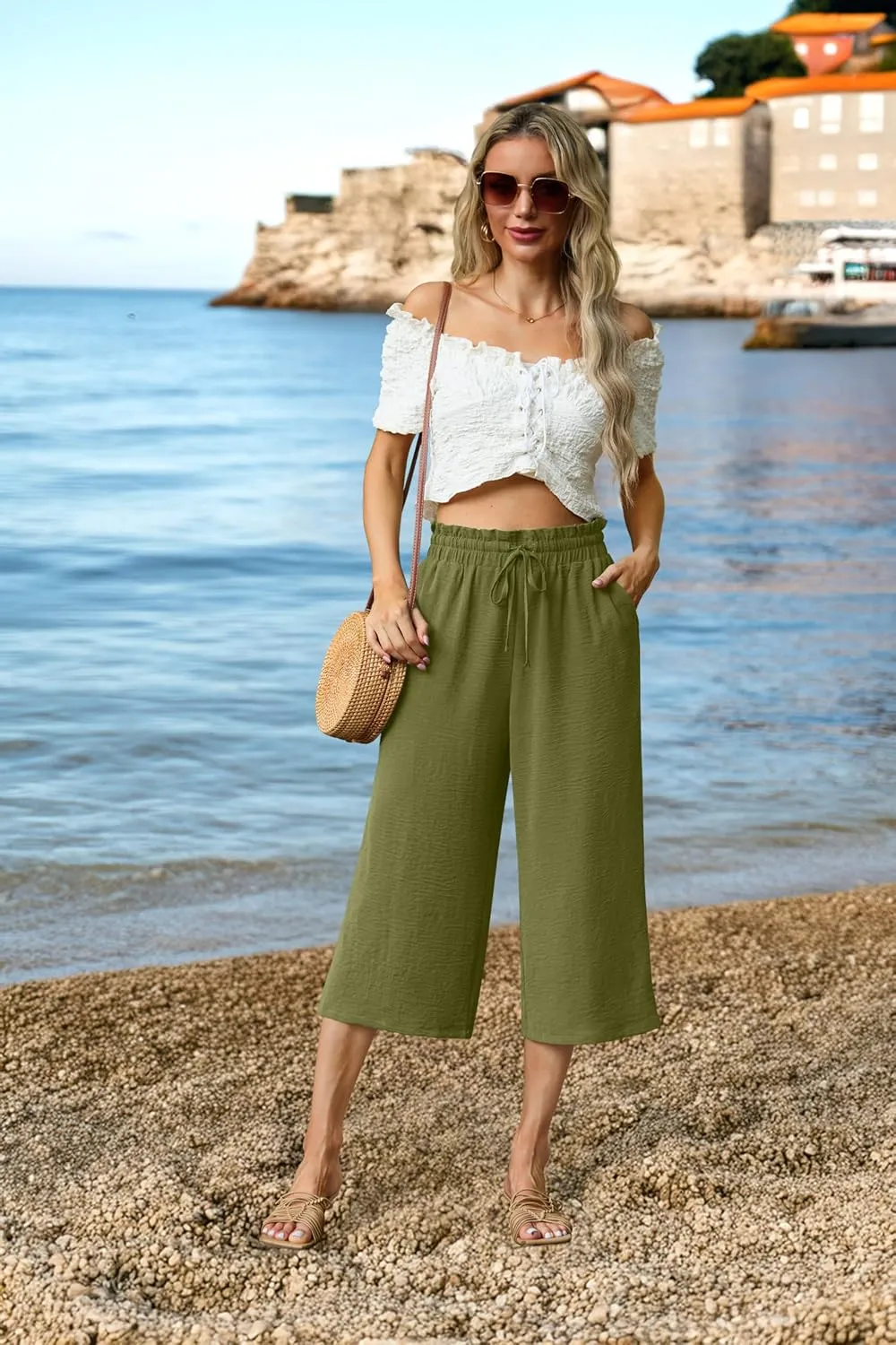 Womens Summer 3/4 Pants Flowy High Waisted Loose Casual Lounge Pant Wide Leg Palazzo Capris Adjustable with Pockets