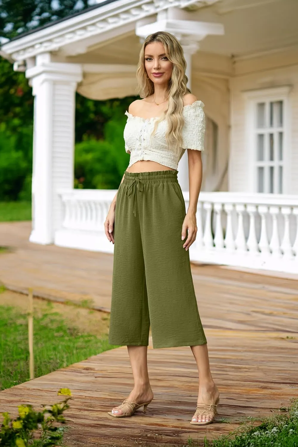 Womens Summer 3/4 Pants Flowy High Waisted Loose Casual Lounge Pant Wide Leg Palazzo Capris Adjustable with Pockets