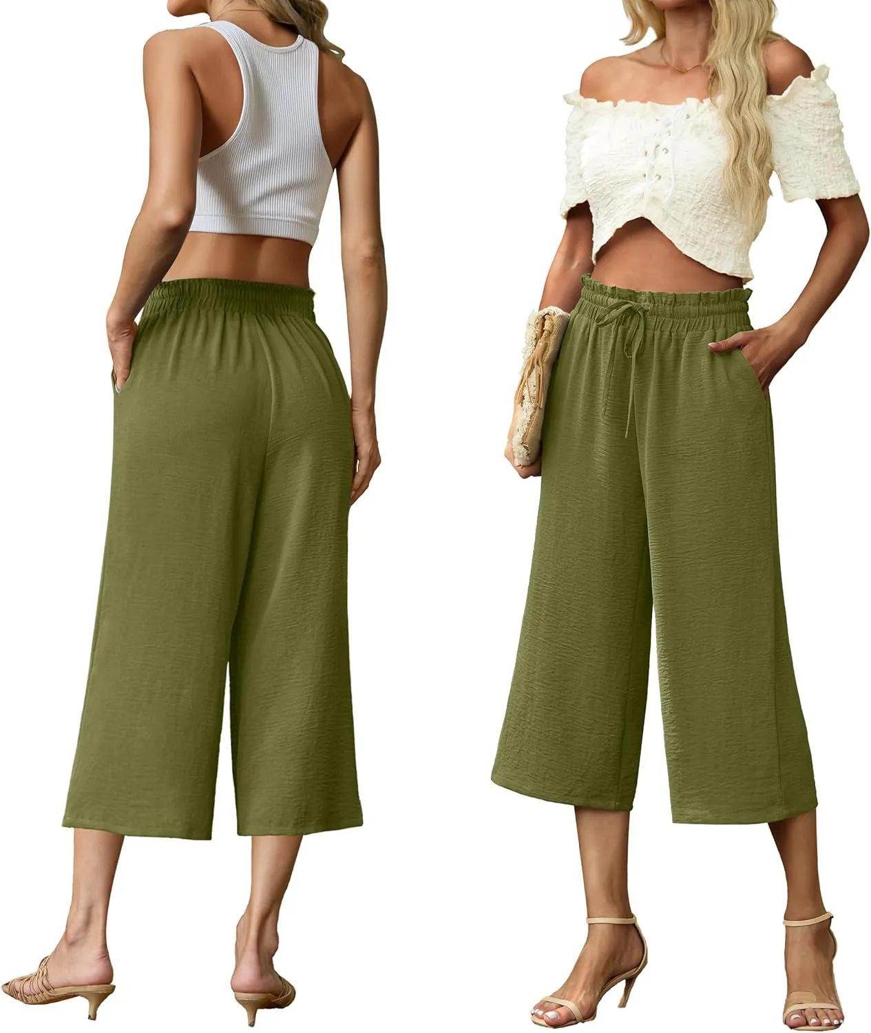 Womens Summer 3/4 Pants Flowy High Waisted Loose Casual Lounge Pant Wide Leg Palazzo Capris Adjustable with Pockets