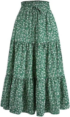Women's Summer Bohemian Print A-Line Maxi Skirt Elastic Waist High Waist Beach Outfits Casual Tiered Long Skirt