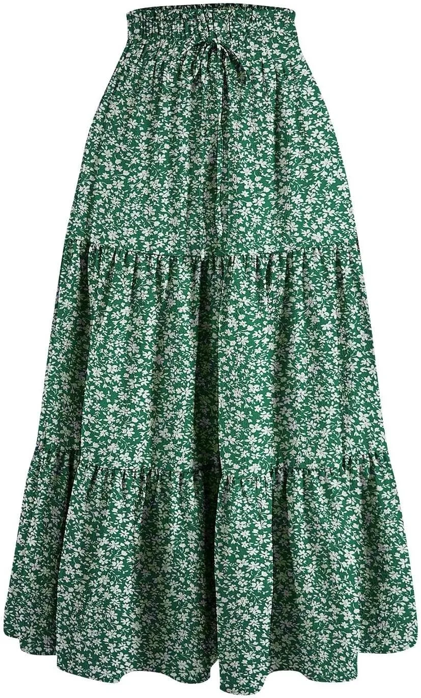 Women's Summer Bohemian Print A-Line Maxi Skirt Elastic Waist High Waist Beach Outfits Casual Tiered Long Skirt
