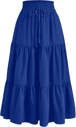 Women's Summer Bohemian Print A-Line Maxi Skirt Elastic Waist High Waist Beach Outfits Casual Tiered Long Skirt