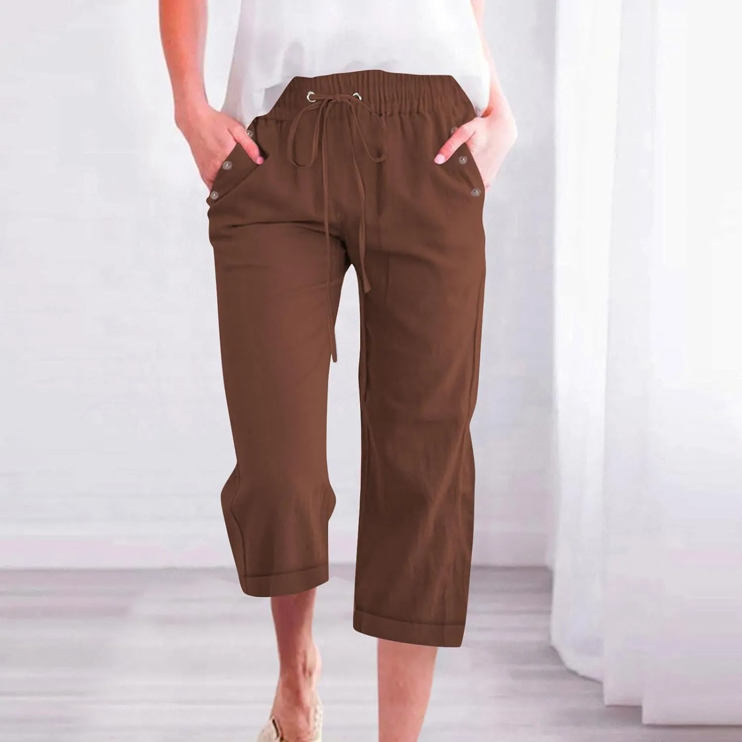 Womens Summer Casual Linen Capri Pants Solid Elastic Loose Cotton Pants Straight Wide Leg Trousers with Pockets