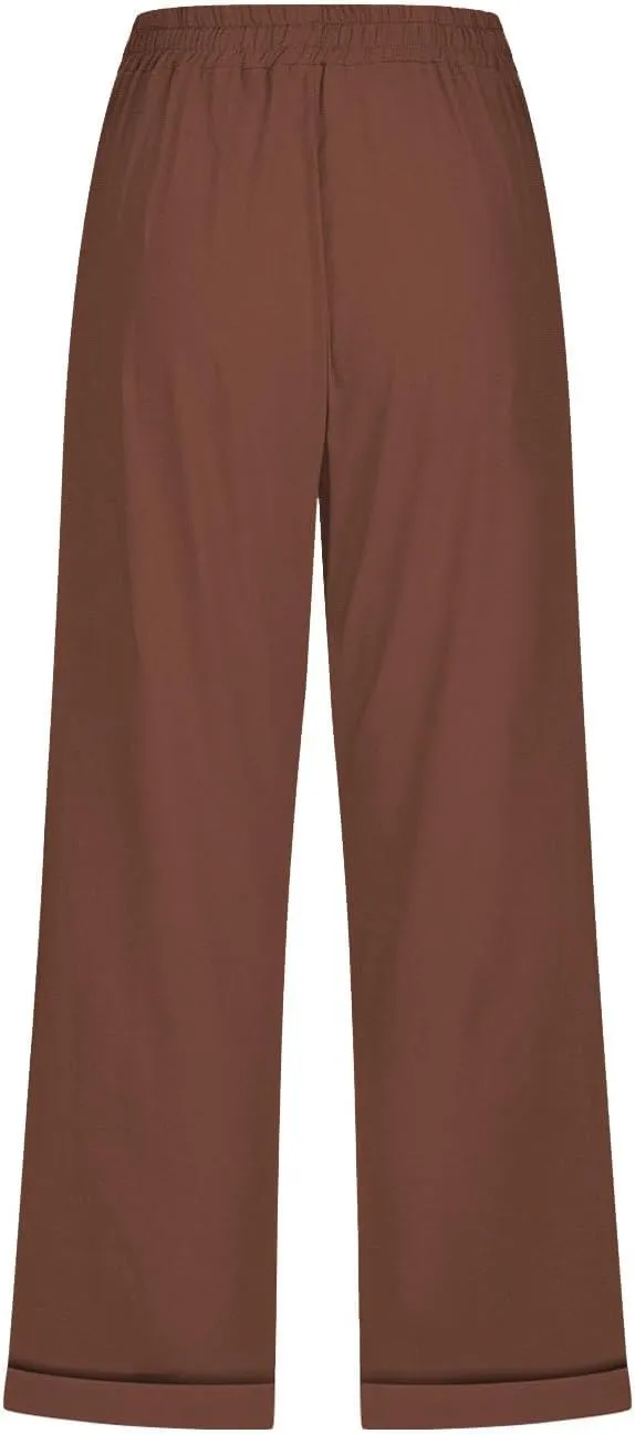 Womens Summer Casual Linen Capri Pants Solid Elastic Loose Cotton Pants Straight Wide Leg Trousers with Pockets