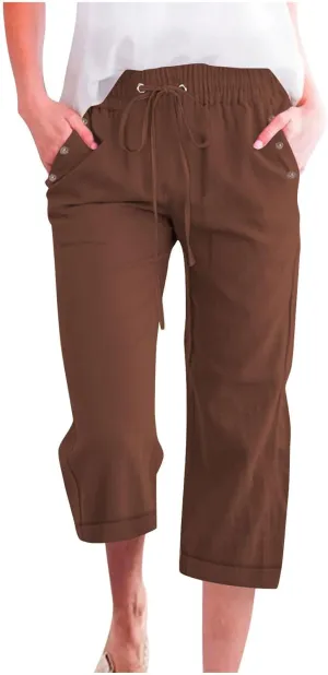 Womens Summer Casual Linen Capri Pants Solid Elastic Loose Cotton Pants Straight Wide Leg Trousers with Pockets