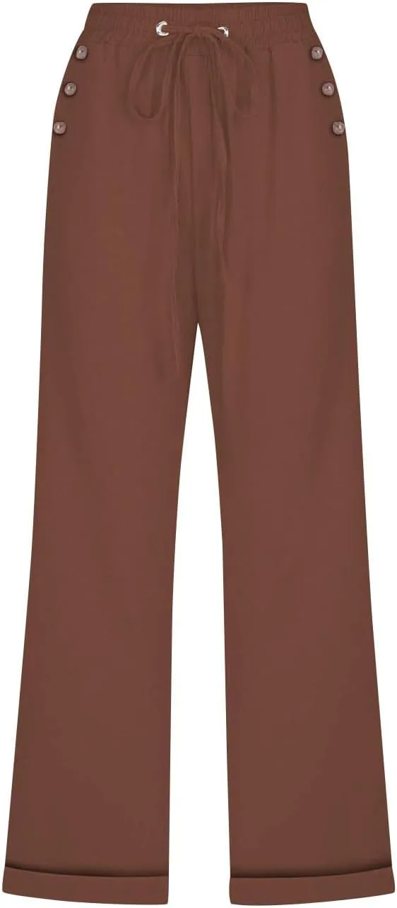 Womens Summer Casual Linen Capri Pants Solid Elastic Loose Cotton Pants Straight Wide Leg Trousers with Pockets