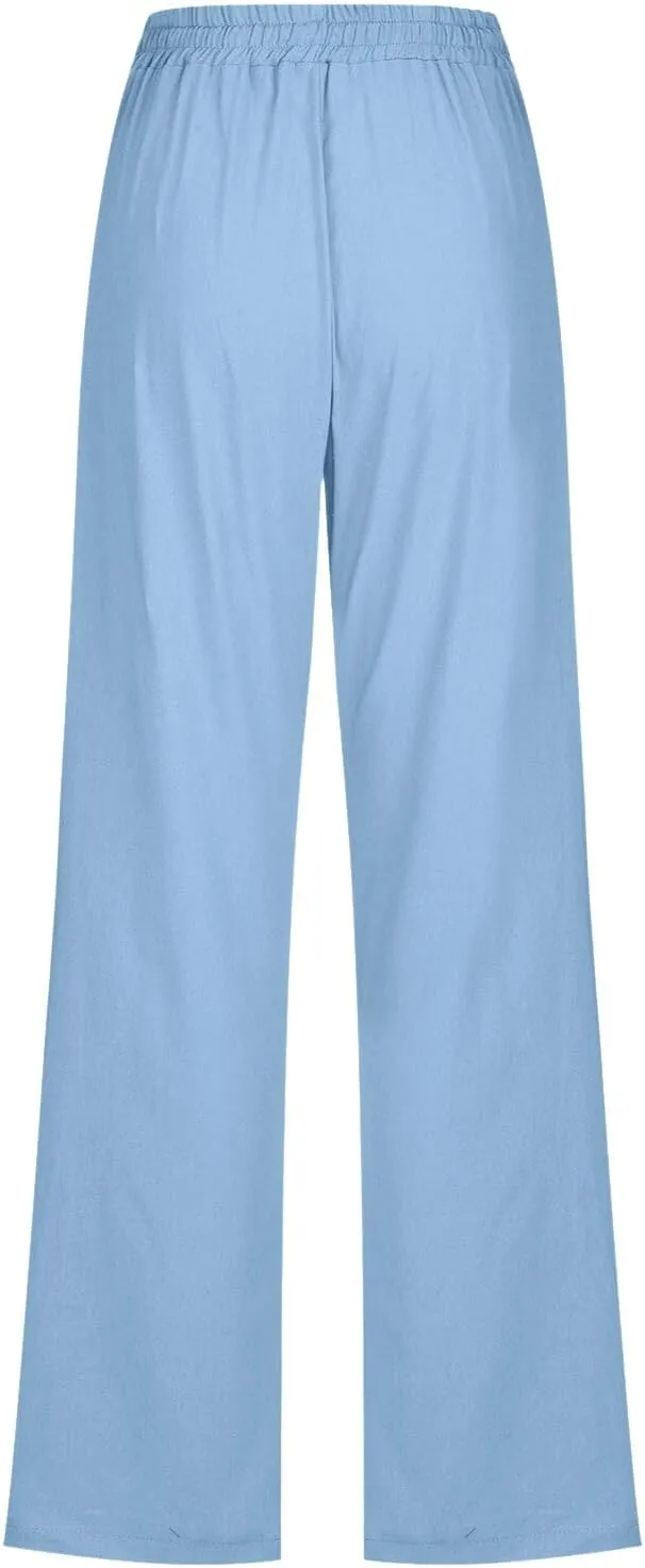 Womens Summer Casual Loose Pants Straight Leg Drawstring Elastic High Waist Comfy Trousers with Pockets