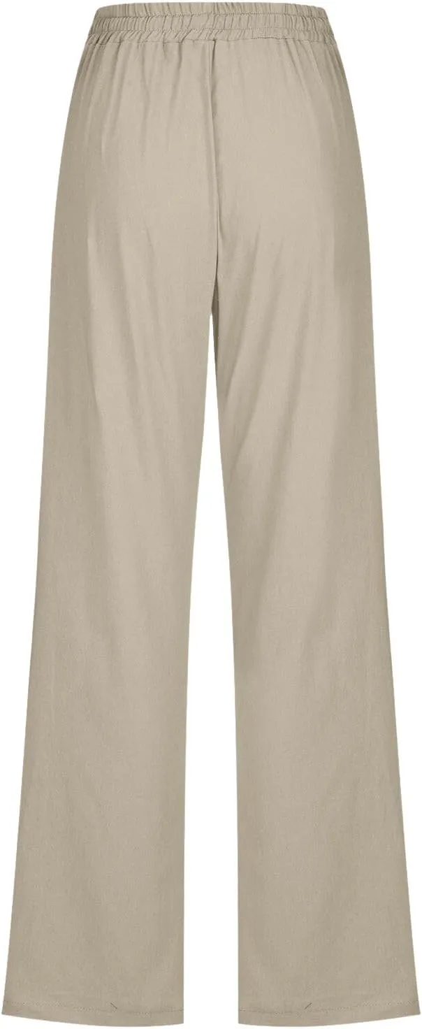 Womens Summer Casual Loose Pants Straight Leg Drawstring Elastic High Waist Comfy Trousers with Pockets