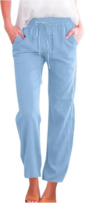 Womens Summer Casual Loose Pants Straight Leg Drawstring Elastic High Waist Comfy Trousers with Pockets