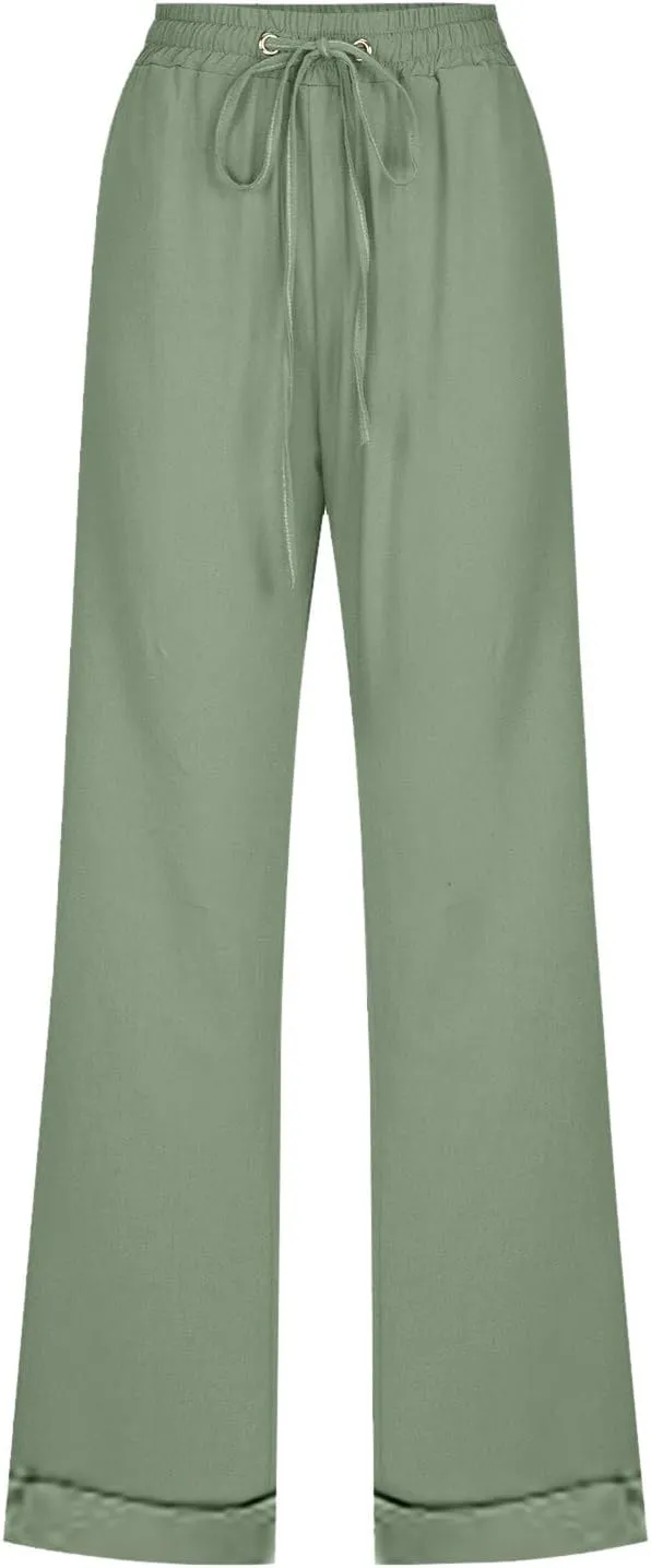 Womens Summer Casual Loose Pants Straight Leg Drawstring Elastic High Waist Comfy Trousers with Pockets