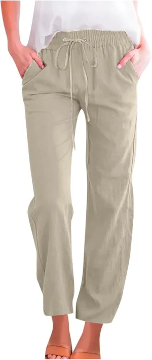 Womens Summer Casual Loose Pants Straight Leg Drawstring Elastic High Waist Comfy Trousers with Pockets