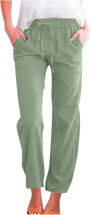 Womens Summer Casual Loose Pants Straight Leg Drawstring Elastic High Waist Comfy Trousers with Pockets