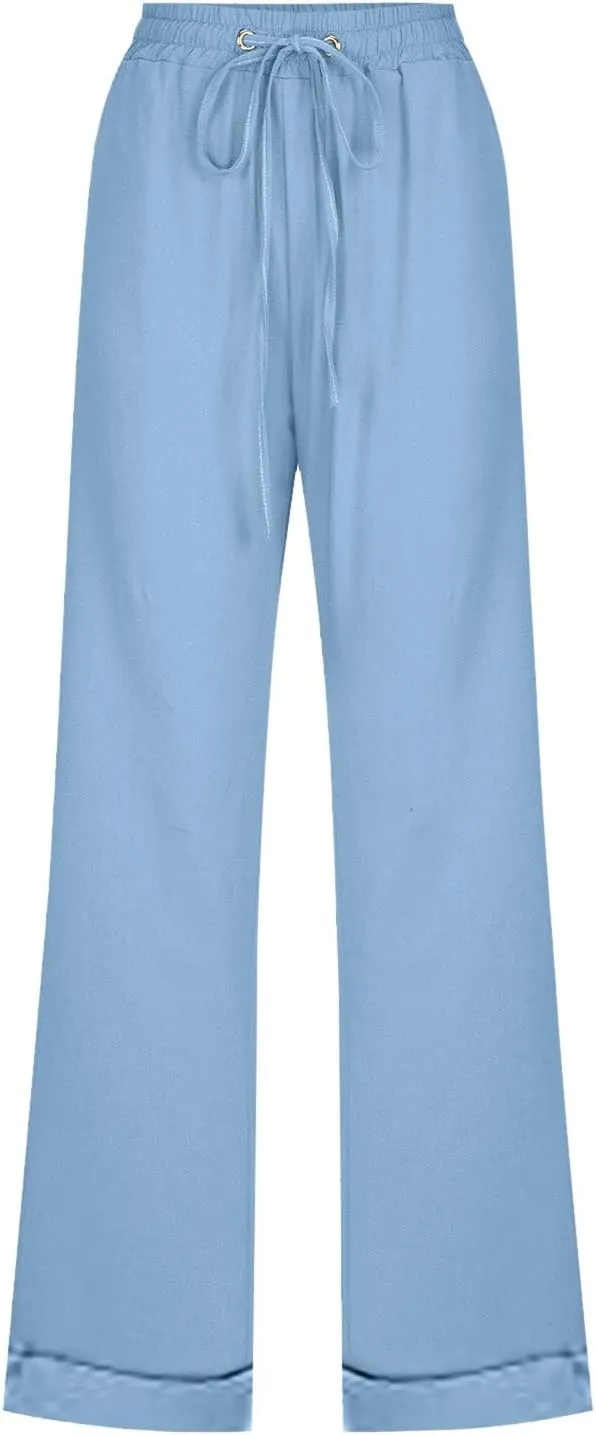Womens Summer Casual Loose Pants Straight Leg Drawstring Elastic High Waist Comfy Trousers with Pockets