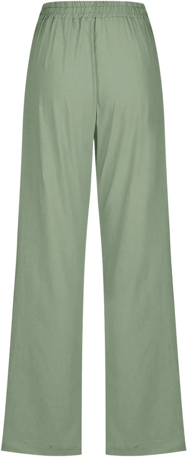 Womens Summer Casual Loose Pants Straight Leg Drawstring Elastic High Waist Comfy Trousers with Pockets