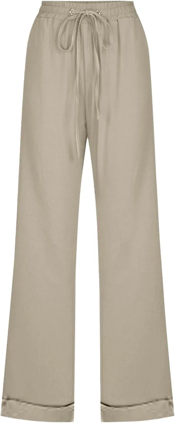 Womens Summer Casual Loose Pants Straight Leg Drawstring Elastic High Waist Comfy Trousers with Pockets