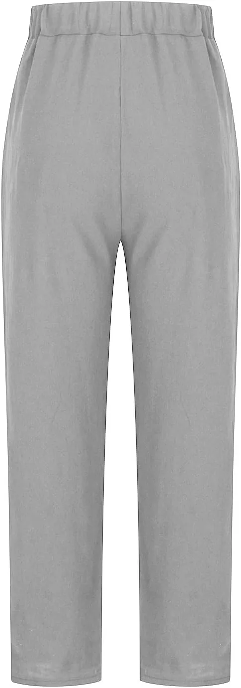 Women's Summer Cotton Linen Straight Pants Elastic Waist Casual Capri Pants Solid Large Lounge Beach Trousers Pockets