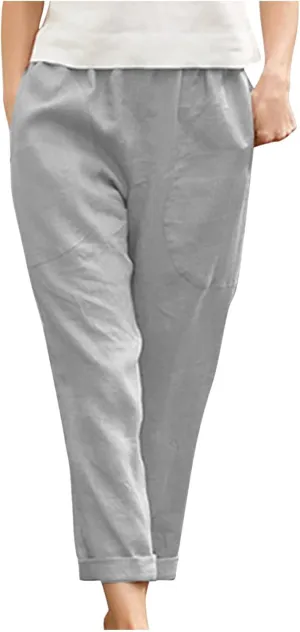 Women's Summer Cotton Linen Straight Pants Elastic Waist Casual Capri Pants Solid Large Lounge Beach Trousers Pockets