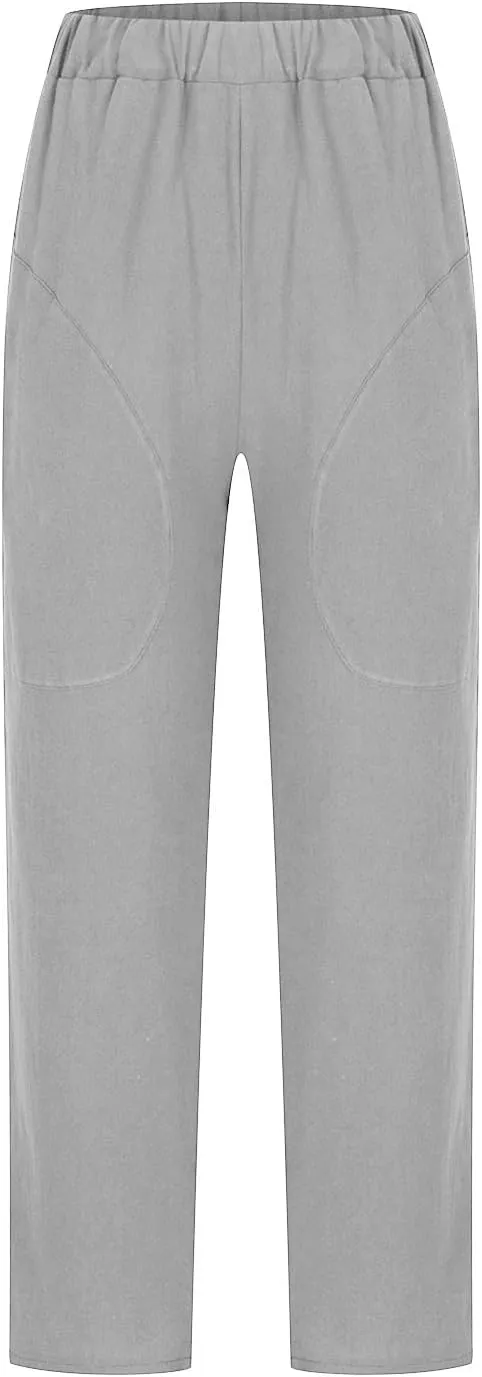 Women's Summer Cotton Linen Straight Pants Elastic Waist Casual Capri Pants Solid Large Lounge Beach Trousers Pockets