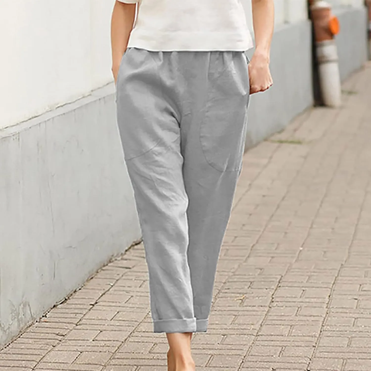 Women's Summer Cotton Linen Straight Pants Elastic Waist Casual Capri Pants Solid Large Lounge Beach Trousers Pockets