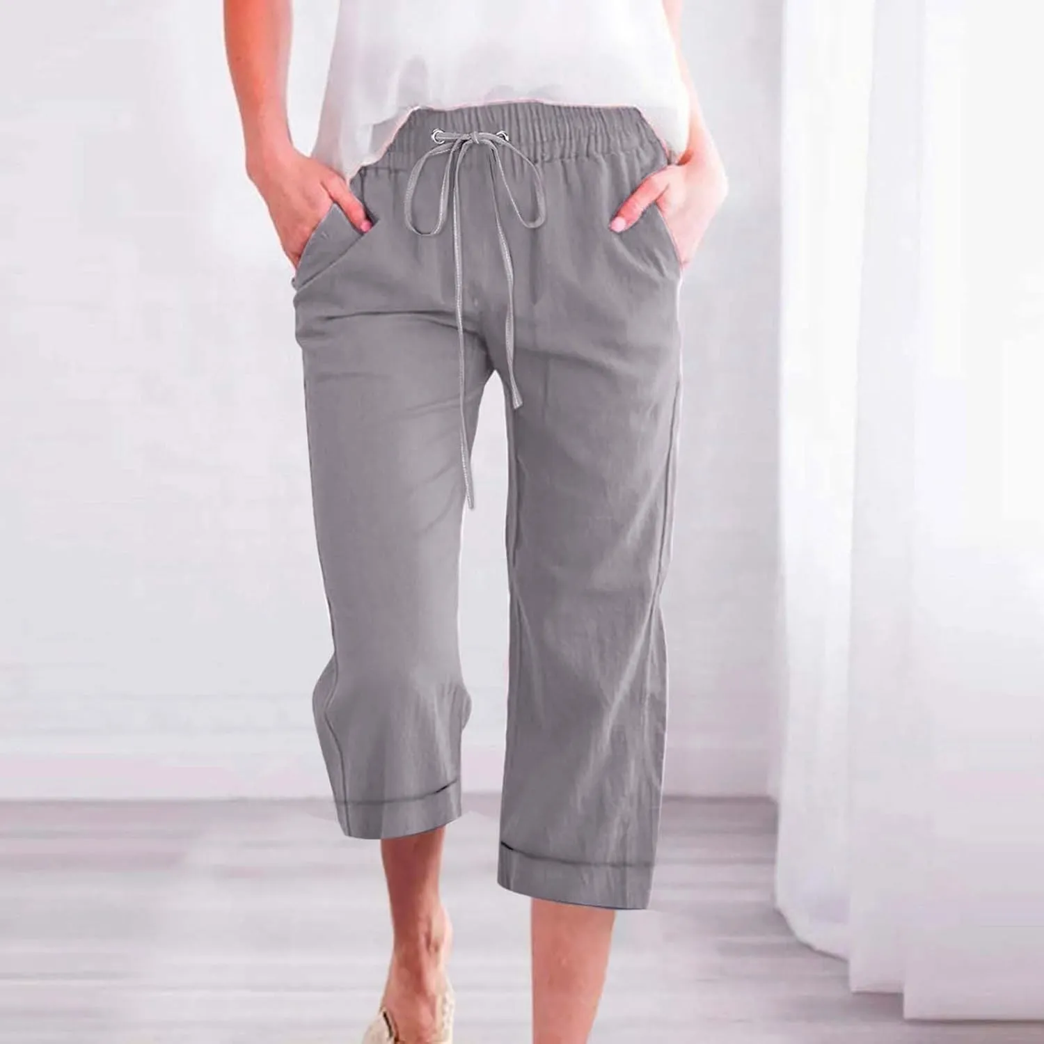 Womens Summer Linen Capri Pants 3/4 Length Flowy High Waisted Stretch Trouser Cotton Linen Athletic Casual Sweatpants