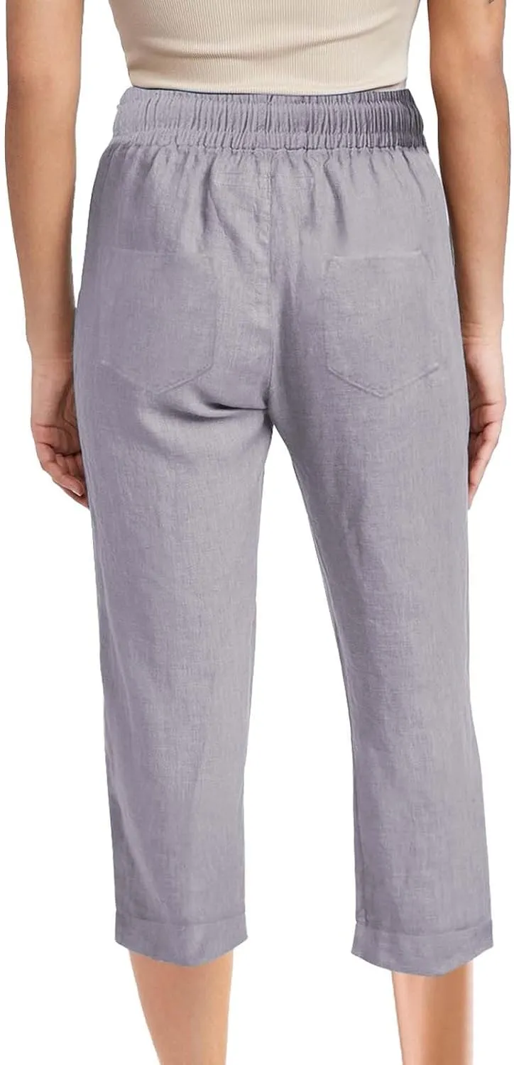 Womens Summer Linen Capri Pants 3/4 Length Flowy High Waisted Stretch Trouser Cotton Linen Athletic Casual Sweatpants