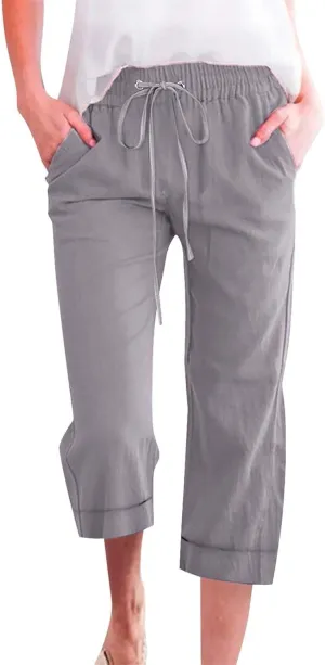 Womens Summer Linen Capri Pants 3/4 Length Flowy High Waisted Stretch Trouser Cotton Linen Athletic Casual Sweatpants