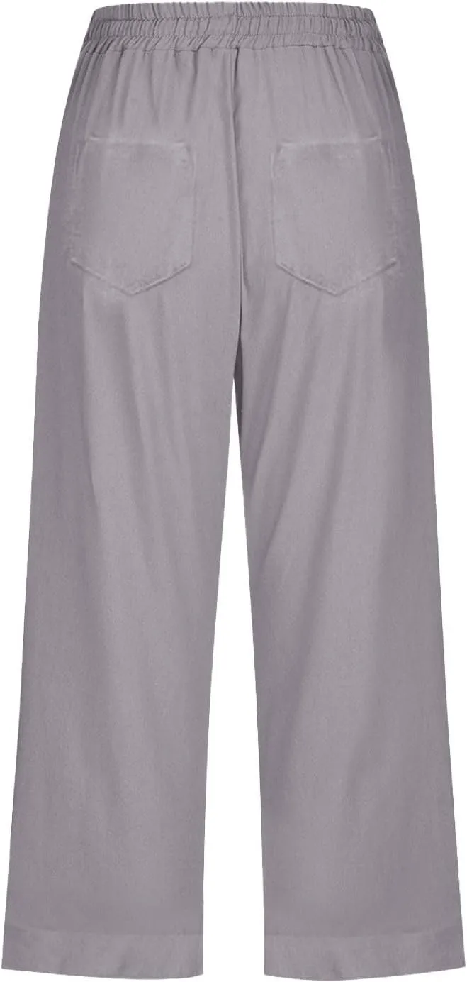 Womens Summer Linen Capri Pants 3/4 Length Flowy High Waisted Stretch Trouser Cotton Linen Athletic Casual Sweatpants