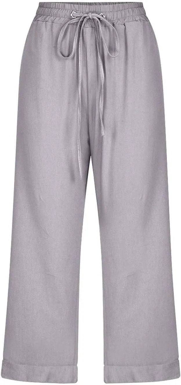 Womens Summer Linen Capri Pants 3/4 Length Flowy High Waisted Stretch Trouser Cotton Linen Athletic Casual Sweatpants