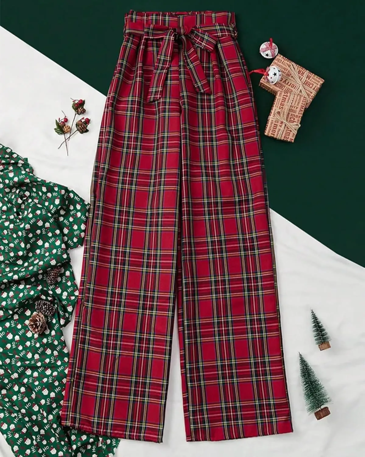 Women's Tartan Plaid Print Pants High Waisted Wide Leg Baggy Palazzo Pants with Belt