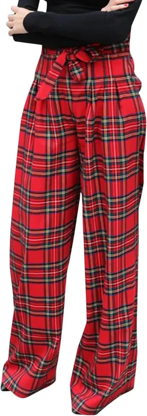 Women's Tartan Plaid Print Pants High Waisted Wide Leg Baggy Palazzo Pants with Belt