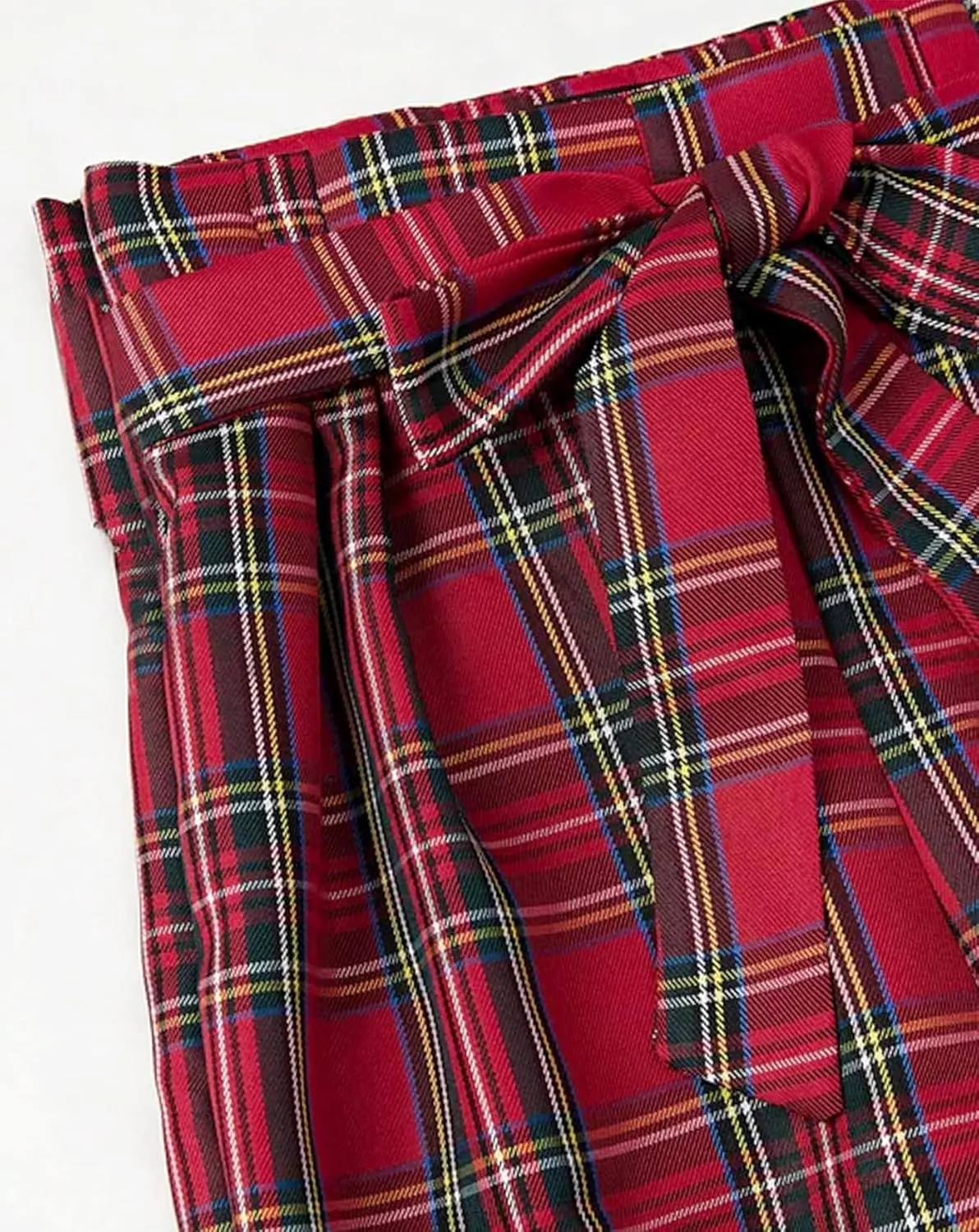 Women's Tartan Plaid Print Pants High Waisted Wide Leg Baggy Palazzo Pants with Belt