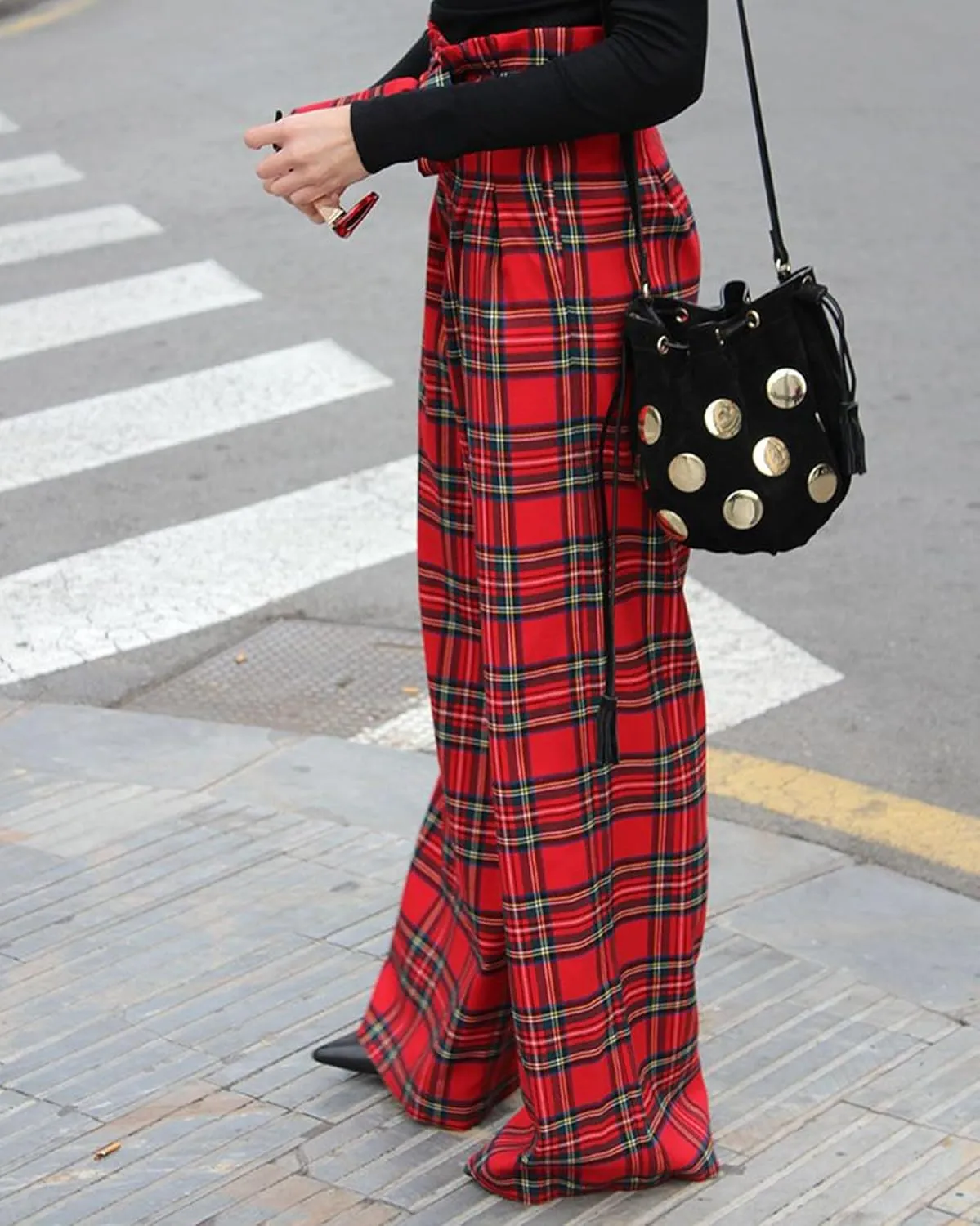 Women's Tartan Plaid Print Pants High Waisted Wide Leg Baggy Palazzo Pants with Belt