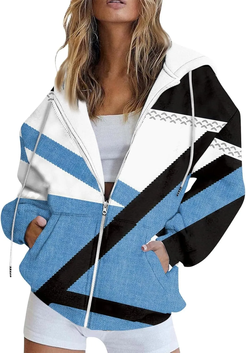 Women's Tie-Dye/White Zip-Up Hoodie With Pockets, Striped, Long Sleeve, S-3XL