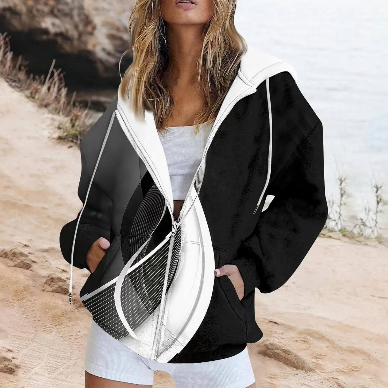 Women's Tie-Dye/White Zip-Up Hoodie With Pockets, Striped, Long Sleeve, S-3XL