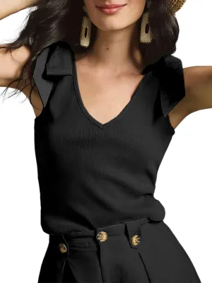 Women's V Neck Sleeveless Tank Tops Cute Bow Tie Shoulder Summer T-Shirts Trendy Going Out Camisoles