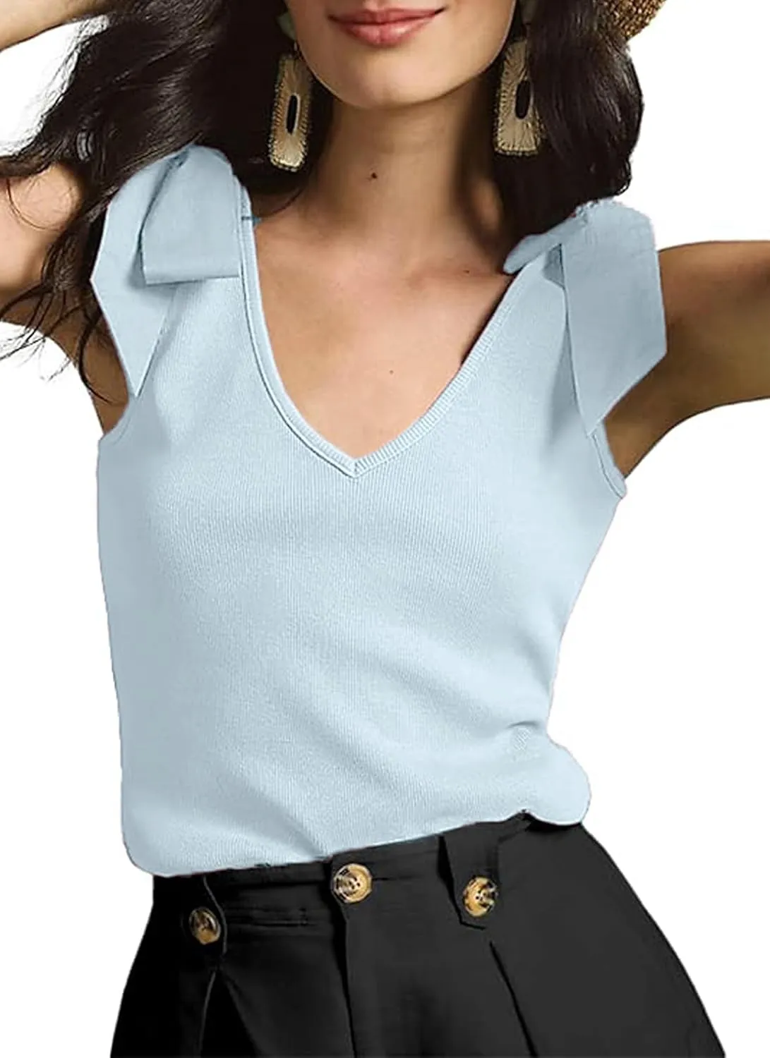 Women's V Neck Sleeveless Tank Tops Cute Bow Tie Shoulder Summer T-Shirts Trendy Going Out Camisoles