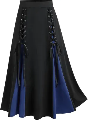 Women's Vintage Gothic Court Lace Up Patchwork Skirt Steampunk Medieval Renaissance Victorian A-Line Pirate Skirts