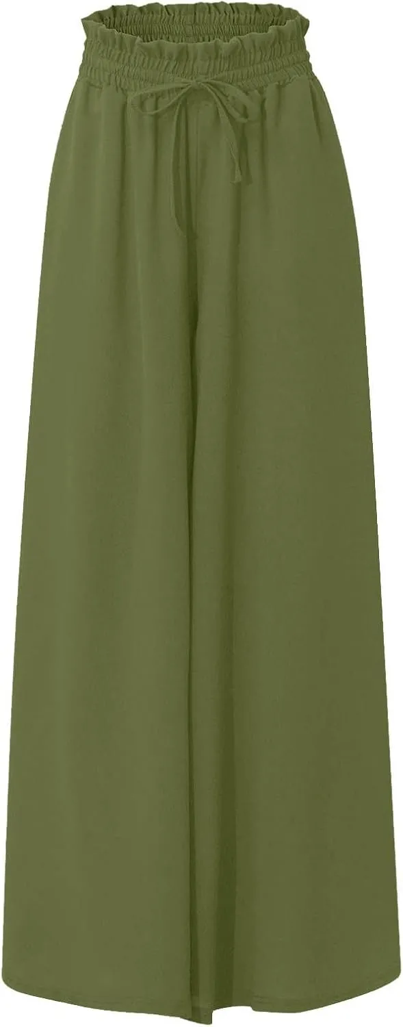 Womens Wide Leg Long Palazzo Pants High Waist Solid Flowy Lounge Pant Beach Vacation Trousers with Pocket
