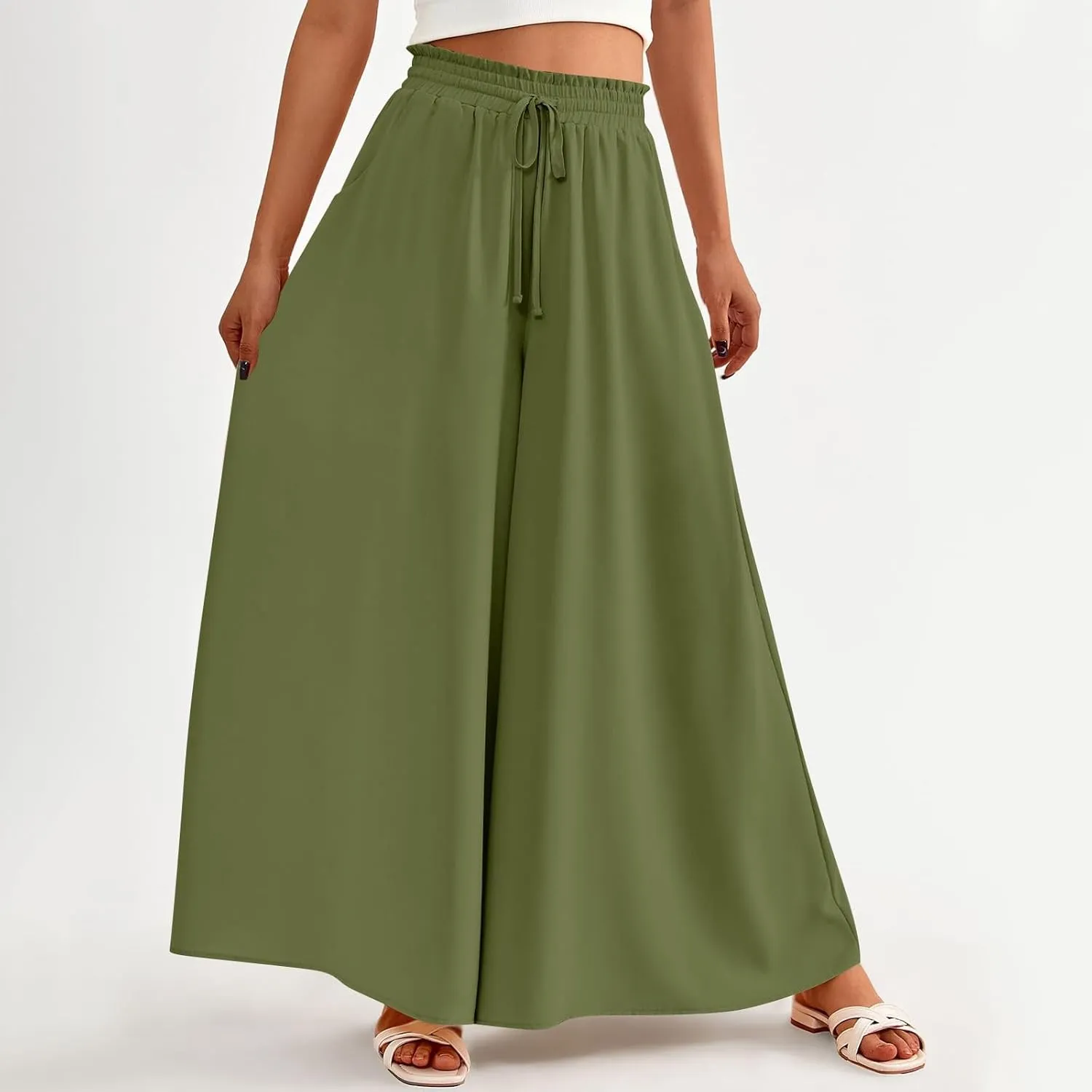 Womens Wide Leg Long Palazzo Pants High Waist Solid Flowy Lounge Pant Beach Vacation Trousers with Pocket