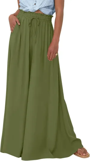 Womens Wide Leg Long Palazzo Pants High Waist Solid Flowy Lounge Pant Beach Vacation Trousers with Pocket